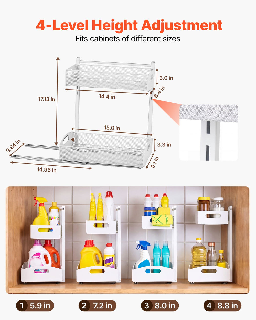 VEVOR Under Sink Organizer, 2 Pack 2-Tier Pull Out Cabinet Organizer with 4-Level Height Adjustment, Metal Slide Out Shelf, Multi-Purpose Cabinet Organizers and Storage for Bathroom & Kitchen, White