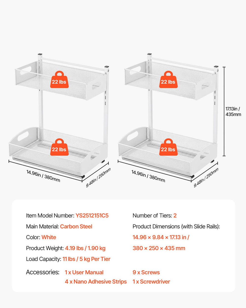 VEVOR Under Sink Organizer, 2 Pack 2-Tier Pull Out Cabinet Organizer with 4-Level Height Adjustment, Metal Slide Out Shelf, Multi-Purpose Cabinet Organizers and Storage for Bathroom & Kitchen, White