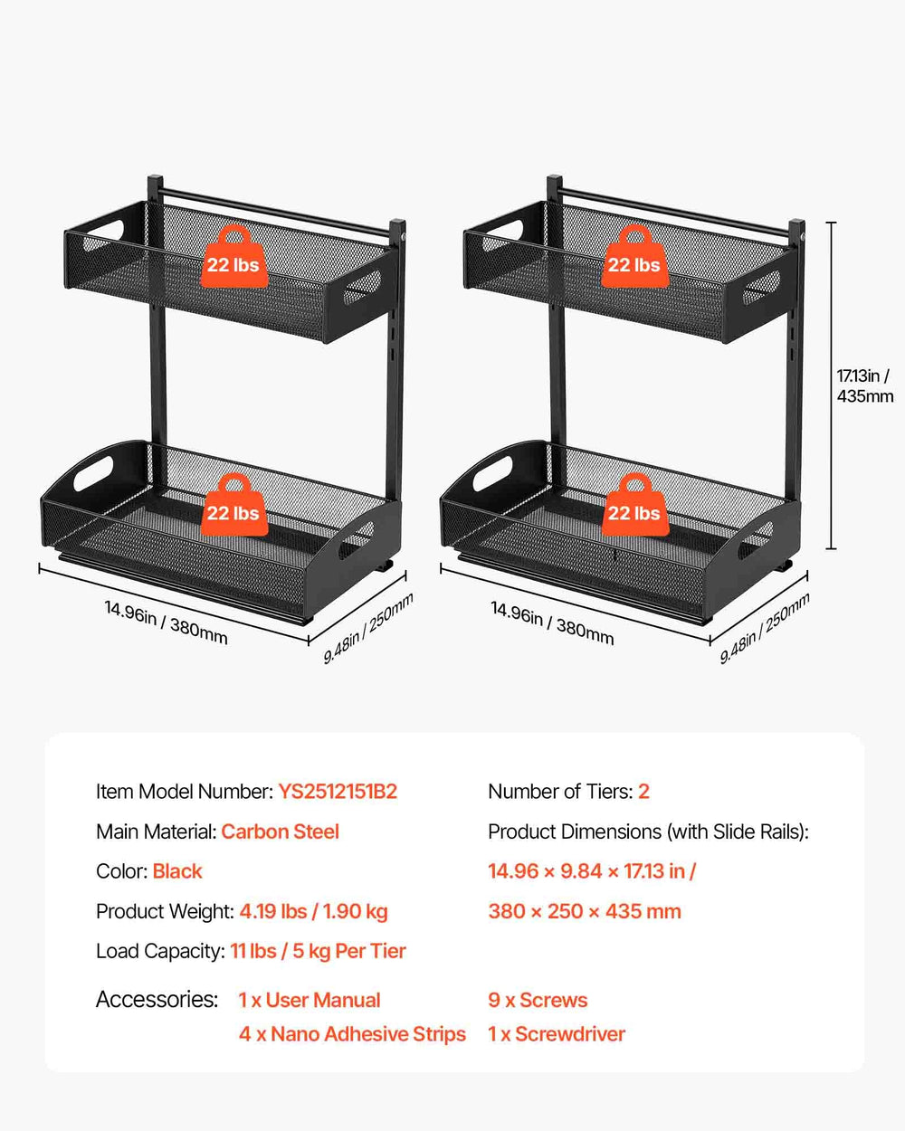VEVOR Under Sink Organizer, 2 Pack 2-Tier Pull Out Cabinet Organizer with 4-Level Height Adjustment, Metal Slide Out Shelf, Multi-Purpose Cabinet Organizers and Storage for Bathroom & Kitchen, Black