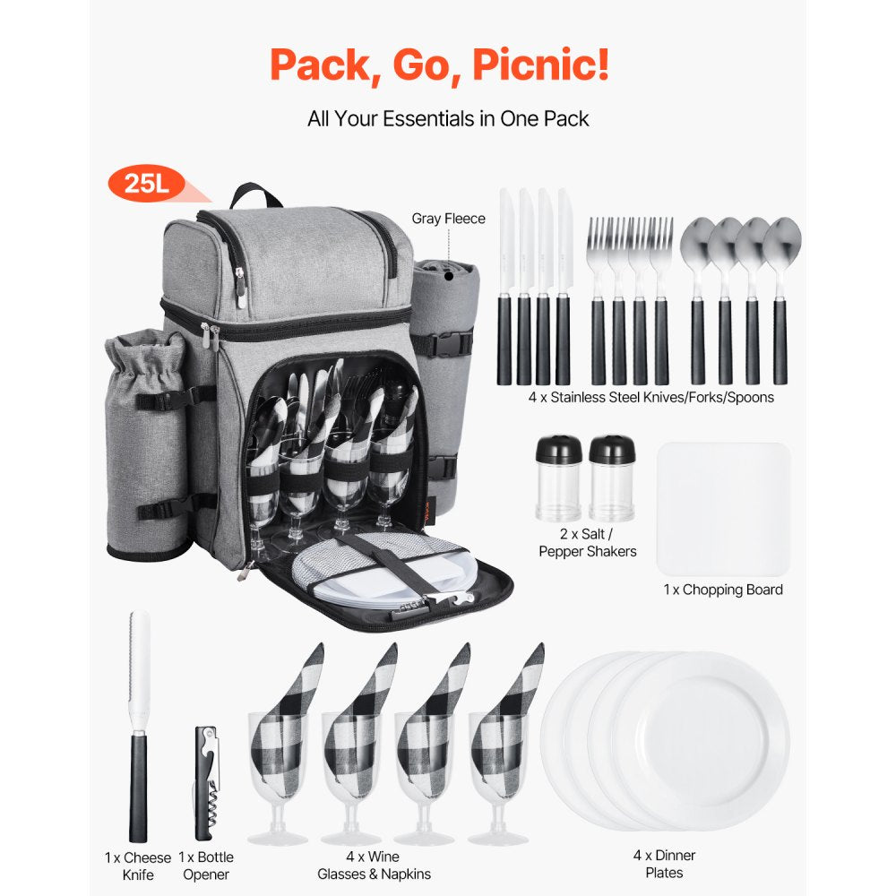 VEVOR Picnic Backpack, Beach Picnic Backpack Bag for 4 Person with Insulated Cooler Compartment, Detachable Bottle/Wine Holder, Lightweight Blanket, Plates and Cutlery Set for Hiking & Camping, Grey