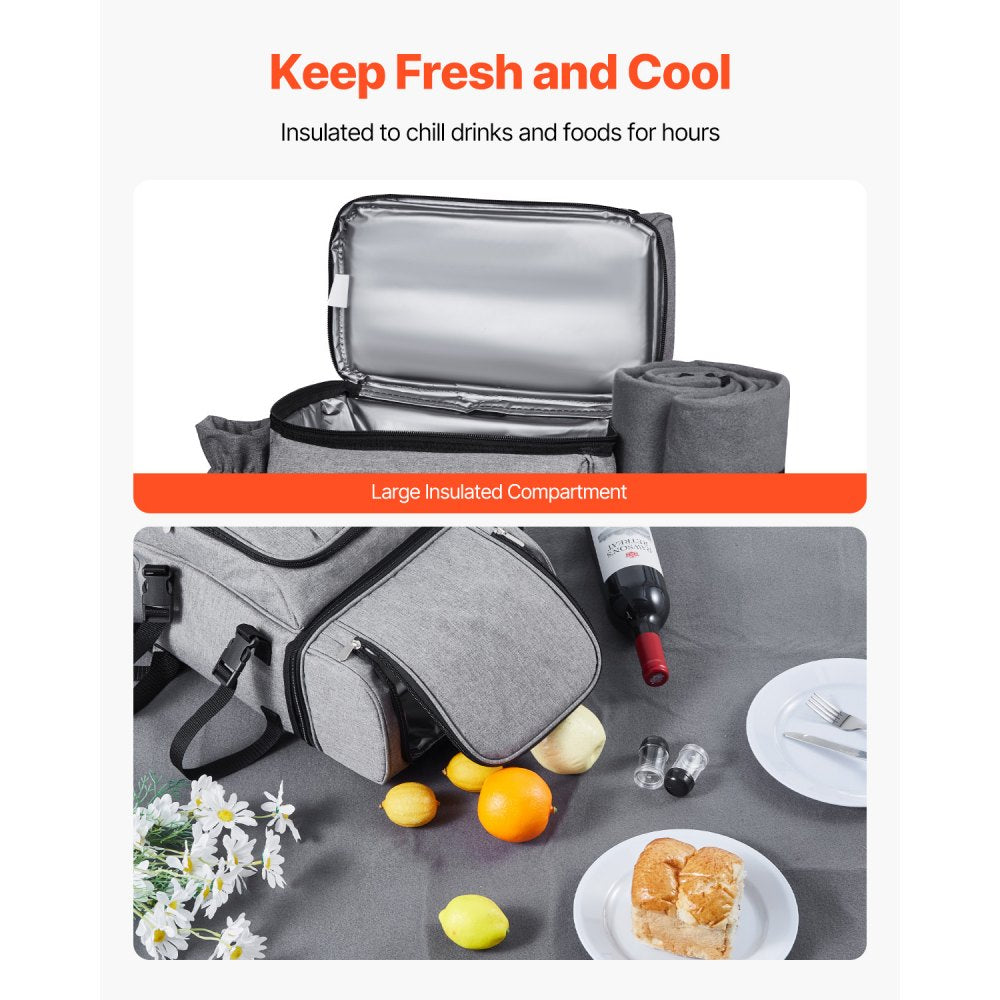 VEVOR Picnic Backpack, Beach Picnic Backpack Bag for 4 Person with Insulated Cooler Compartment, Detachable Bottle/Wine Holder, Lightweight Blanket, Plates and Cutlery Set for Hiking & Camping, Grey