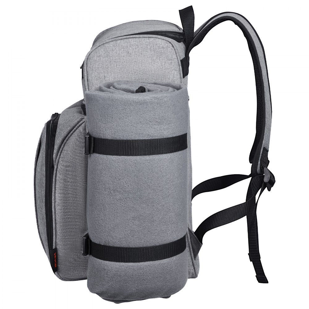 VEVOR Picnic Backpack, Beach Picnic Backpack Bag for 4 Person with Insulated Cooler Compartment, Detachable Bottle/Wine Holder, Lightweight Blanket, Plates and Cutlery Set for Hiking & Camping, Grey