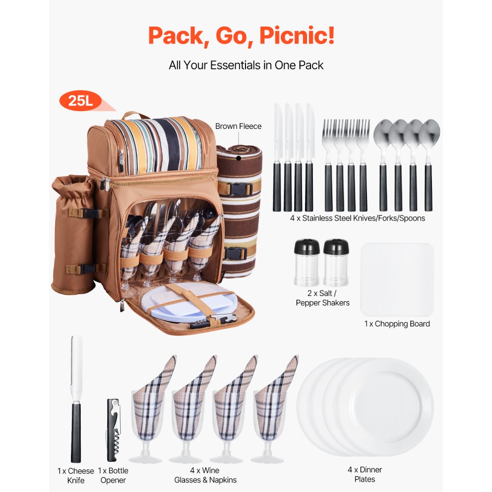 VEVOR Picnic Backpack, Beach Picnic Backpack Bag for 4 Person with Insulated Cooler Compartment, Detachable Bottle/Wine Holder, Lightweight Blanket, Plates and Cutlery Set for Hiking & Camping, Brown