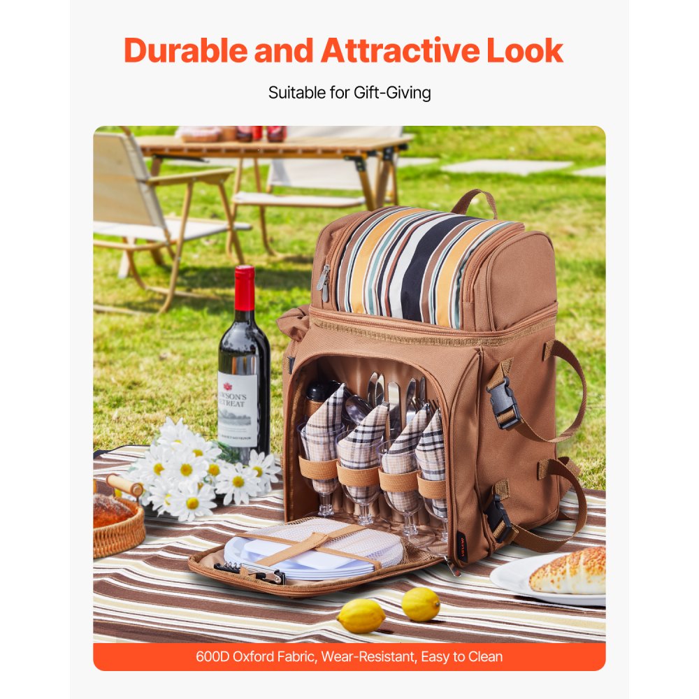 VEVOR Picnic Backpack, Beach Picnic Backpack Bag for 4 Person with Insulated Cooler Compartment, Detachable Bottle/Wine Holder, Lightweight Blanket, Plates and Cutlery Set for Hiking & Camping, Brown