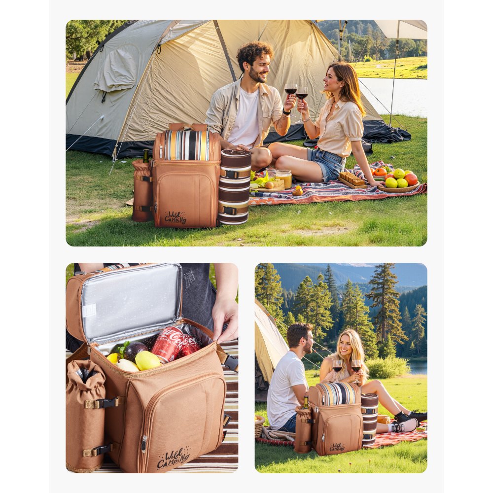 VEVOR Picnic Backpack, Beach Picnic Backpack Bag for 4 Person with Insulated Cooler Compartment, Detachable Bottle/Wine Holder, Lightweight Blanket, Plates and Cutlery Set for Hiking & Camping, Brown