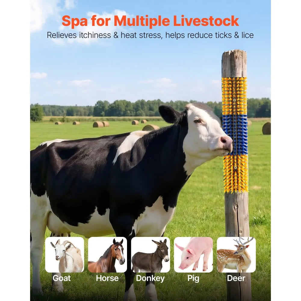 VEVOR Livestock Scratching Brush, 4PCS Goat Scratcher Brush Post with 16 Screws, 16.9"x3.9" Cow Scratcher for Back Itch Relief, Massage Grooming Scratch Tool for Horse Cattle Sheep Pig, Yellow & Blue