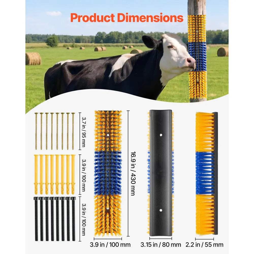 VEVOR Livestock Scratching Brush, 4PCS Goat Scratcher Brush Post with 16 Screws, 16.9"x3.9" Cow Scratcher for Back Itch Relief, Massage Grooming Scratch Tool for Horse Cattle Sheep Pig, Yellow & Blue