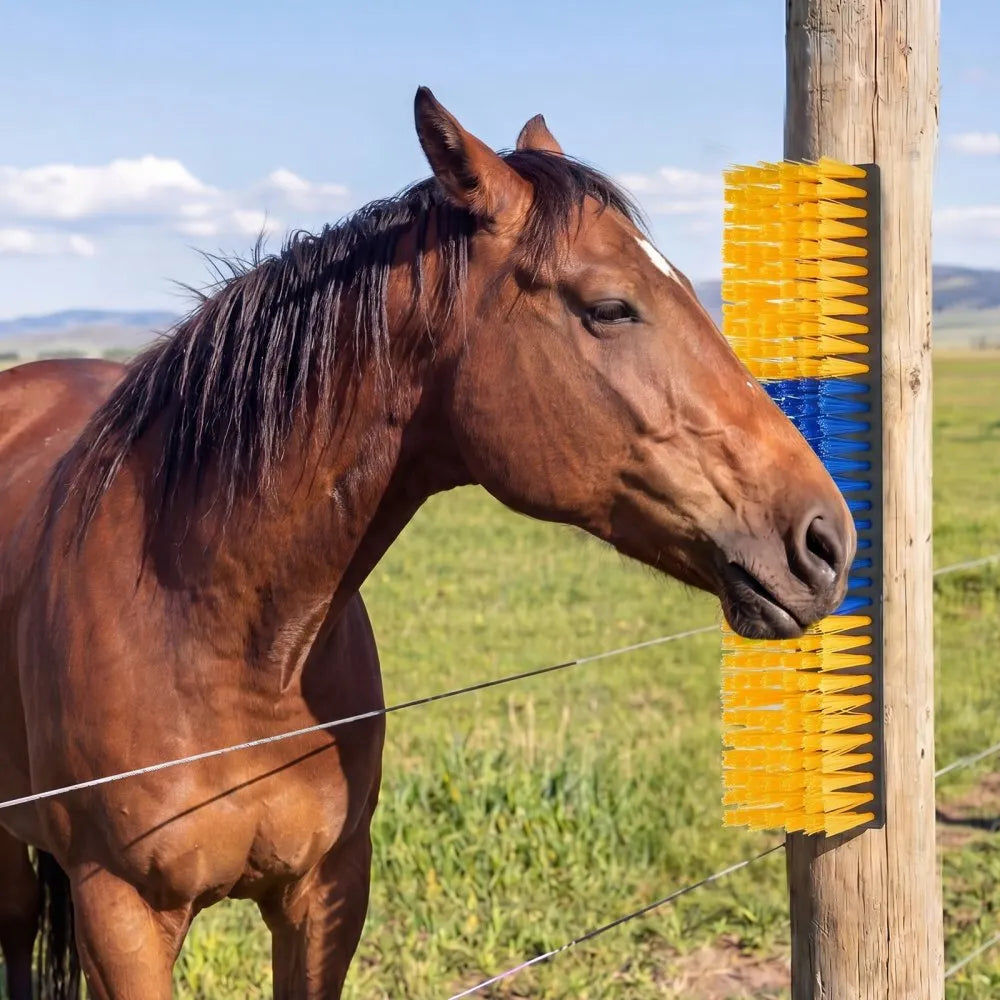 VEVOR Livestock Scratching Brush, 4PCS Goat Scratcher Brush Post with 16 Screws, 16.9"x3.9" Cow Scratcher for Back Itch Relief, Massage Grooming Scratch Tool for Horse Cattle Sheep Pig, Yellow & Blue