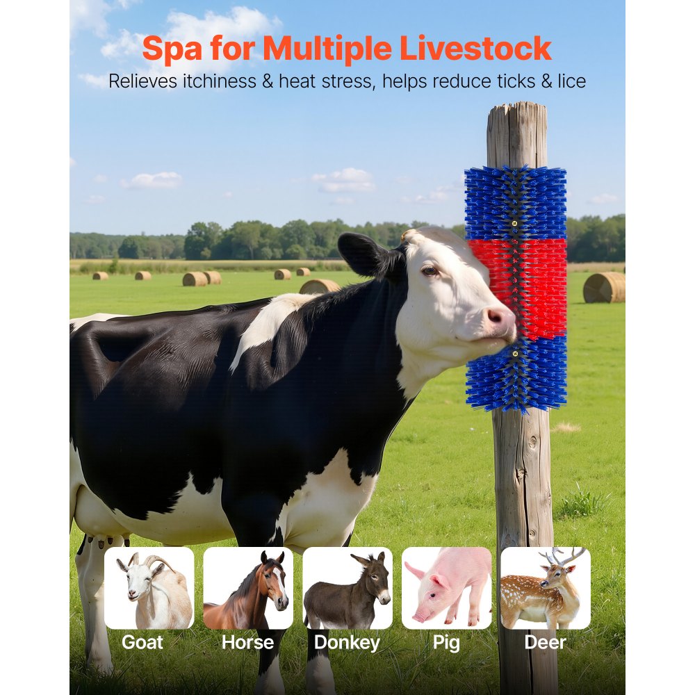 VEVOR Livestock Scratching Brush, 2PCS Goat Scratcher Brush Post with 8 Screws, 16.9" x 7.5" Cow Scratcher for Back Itch Relief, Massage Grooming Scratch Tool for Horse Cattle Sheep Pig, Blue & Red