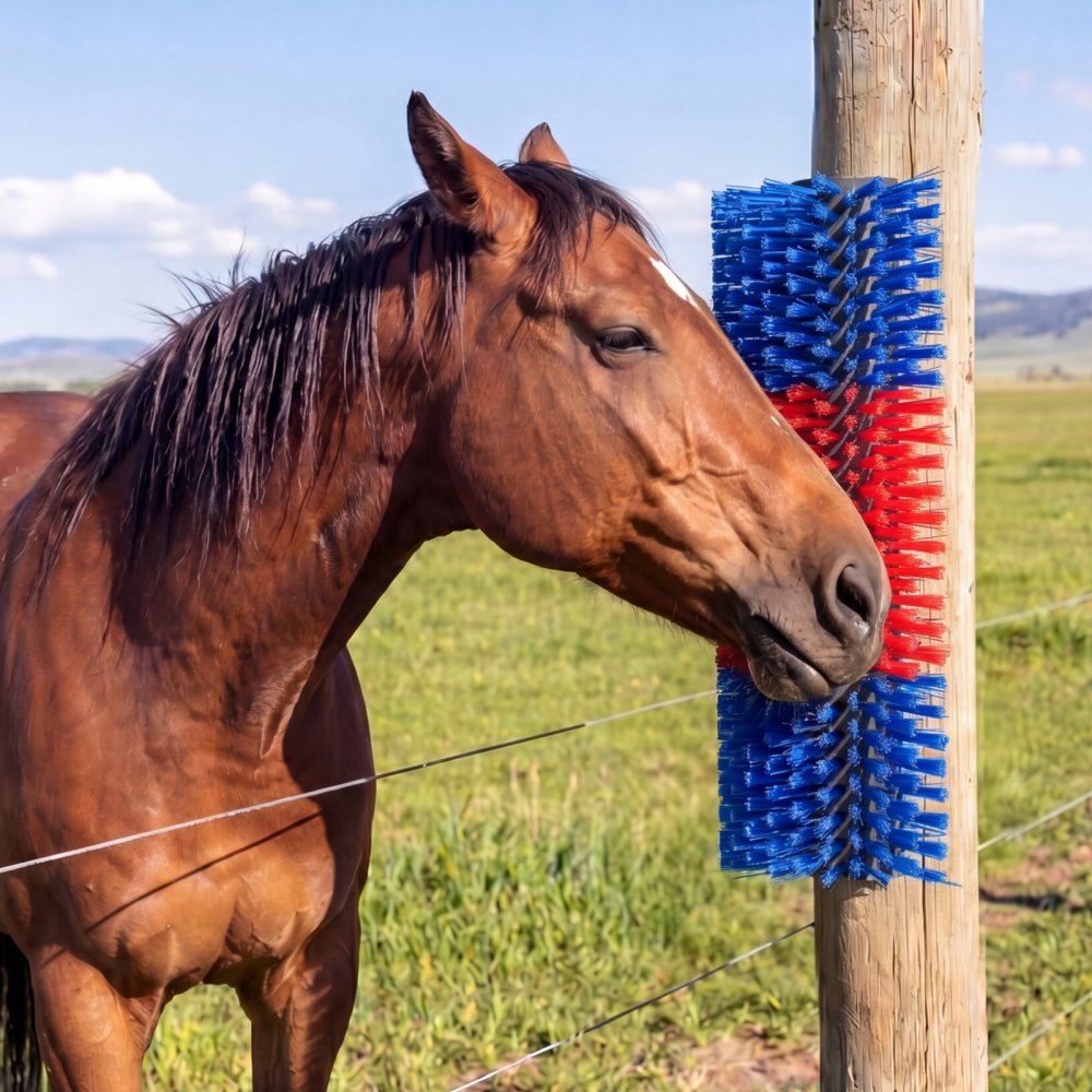 VEVOR Livestock Scratching Brush, 2PCS Goat Scratcher Brush Post with 8 Screws, 16.9" x 7.5" Cow Scratcher for Back Itch Relief, Massage Grooming Scratch Tool for Horse Cattle Sheep Pig, Blue & Red