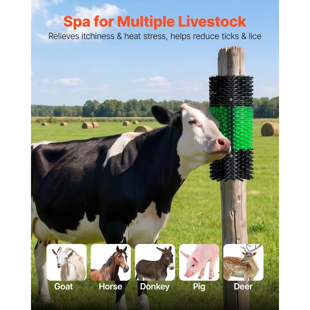 VEVOR Livestock Scratching Brush, 2PCS Goat Scratcher Brush Post with 8 Screws, 16.9" x 7.5" Cow Scratcher for Back Itch Relief, Massage Grooming Scratch Tool for Horse Cattle Sheep Pig, Green & Black