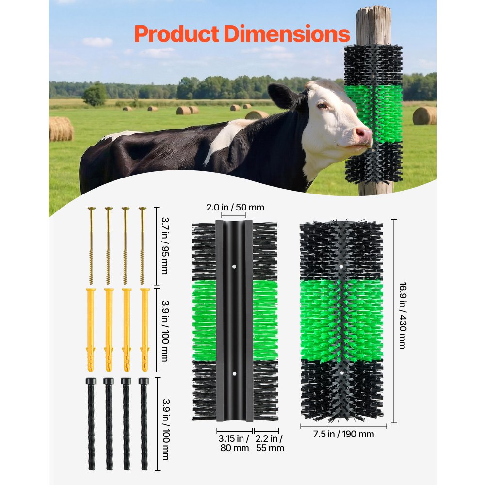 VEVOR Livestock Scratching Brush, 2PCS Goat Scratcher Brush Post with 8 Screws, 16.9" x 7.5" Cow Scratcher for Back Itch Relief, Massage Grooming Scratch Tool for Horse Cattle Sheep Pig, Green & Black