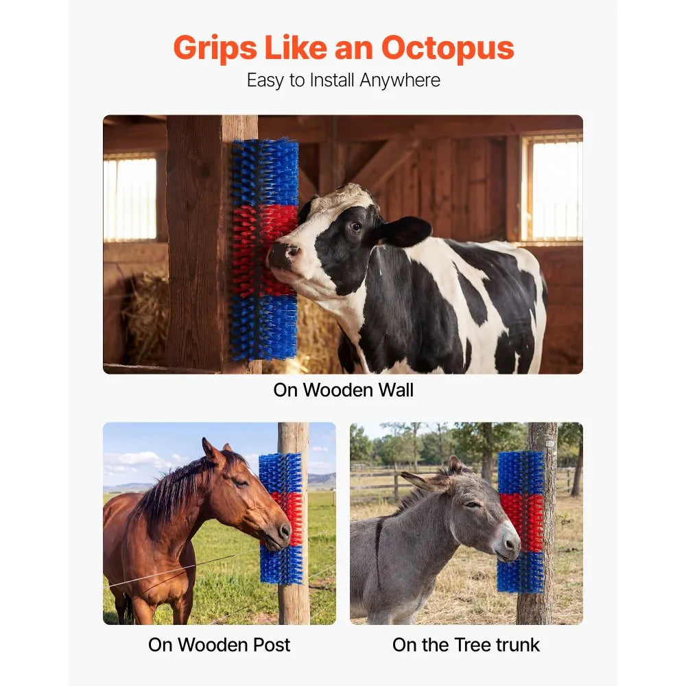 VEVOR Livestock Scratching Brush, 3PCS Goat Scratcher Brush Post with 12 Screws, 16.9" x 7.5" Cow Scratcher for Back Itch Relief, Massage Grooming Scratch Tool for Horse Cattle Sheep Pig, Blue & Red