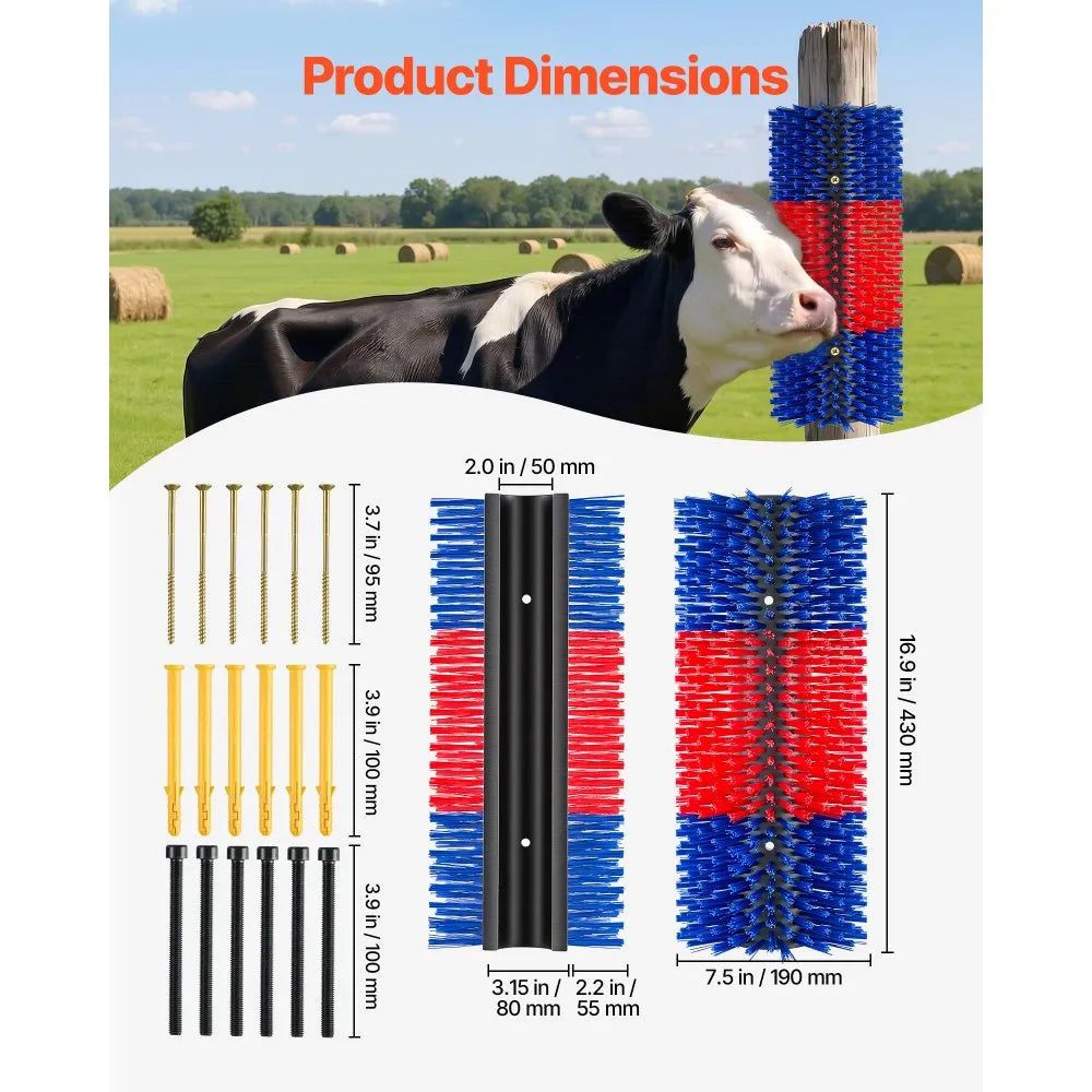 VEVOR Livestock Scratching Brush, 3PCS Goat Scratcher Brush Post with 12 Screws, 16.9" x 7.5" Cow Scratcher for Back Itch Relief, Massage Grooming Scratch Tool for Horse Cattle Sheep Pig, Blue & Red