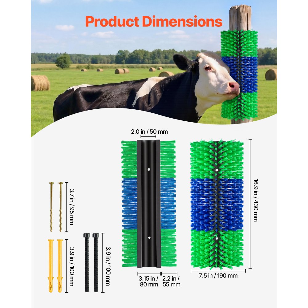 VEVOR Livestock Scratching Brush, 1PC Goat Scratcher Brush Post with 4 Screws, 16.9" x 7.5" Cow Scratcher for Back Itch Relief, Massage Grooming Scratch Tool for Horse Cattle Sheep Pig, Green & Blue