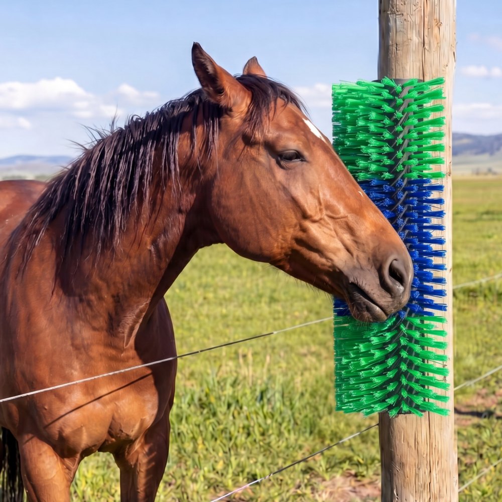VEVOR Livestock Scratching Brush, 1PC Goat Scratcher Brush Post with 4 Screws, 16.9" x 7.5" Cow Scratcher for Back Itch Relief, Massage Grooming Scratch Tool for Horse Cattle Sheep Pig, Green & Blue