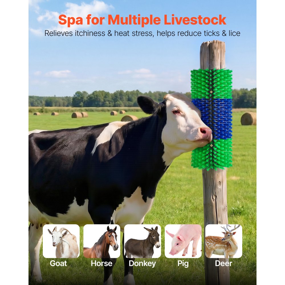 VEVOR Livestock Scratching Brush, 2PCS Goat Scratcher Brush Post with 8 Screws, 16.9" x 7.5" Cow Scratcher for Back Itch Relief, Massage Grooming Scratch Tool for Horse Cattle Sheep Pig, Green & Blue