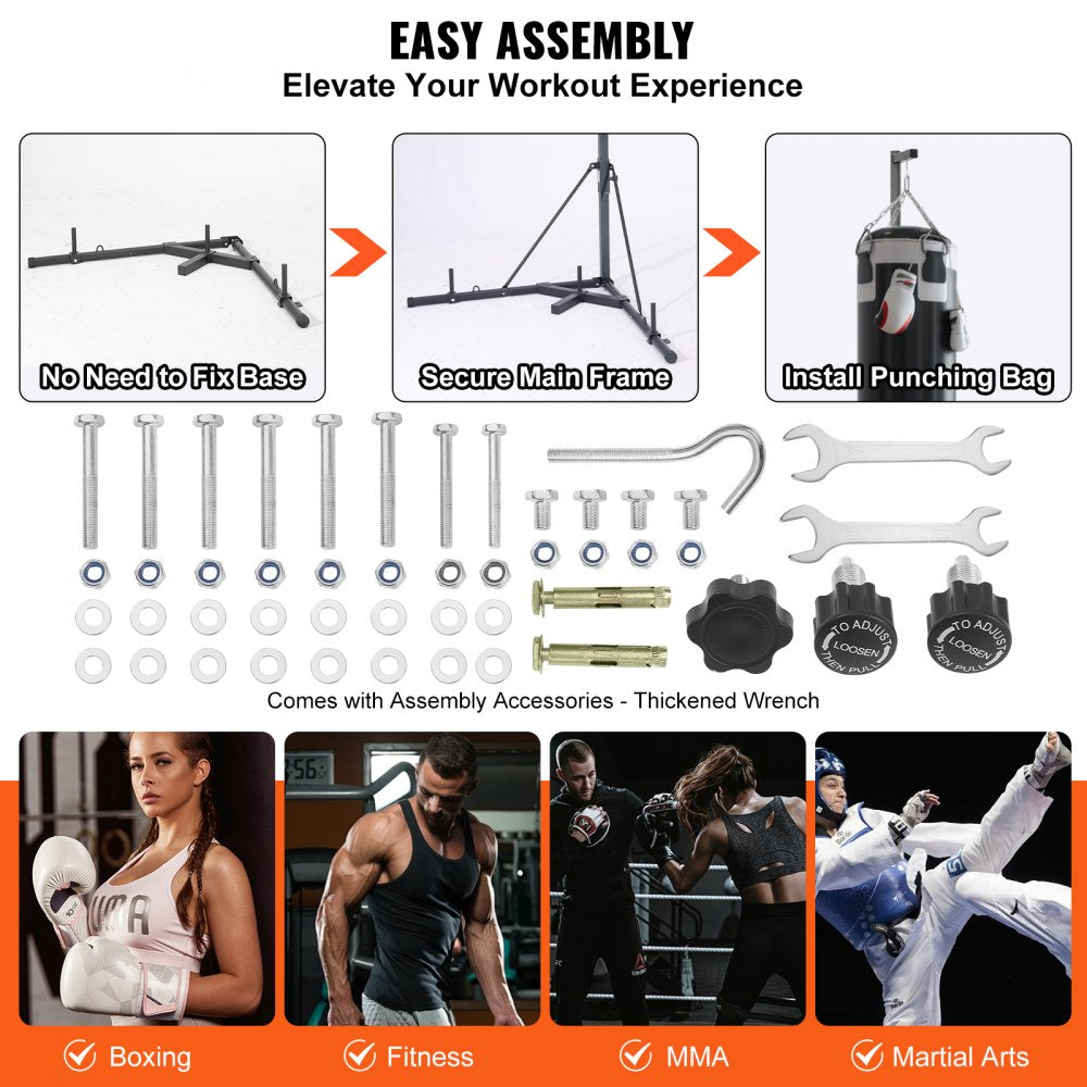 VEVOR Punching Bag Stand, Steel Heavy Duty Workout Training Equipment, Adjustable Height Boxing Punching Stand with Weighted Base, Holds Up to 143 lbs, Freestanding Sandbag Rack for Home Gym Fitness