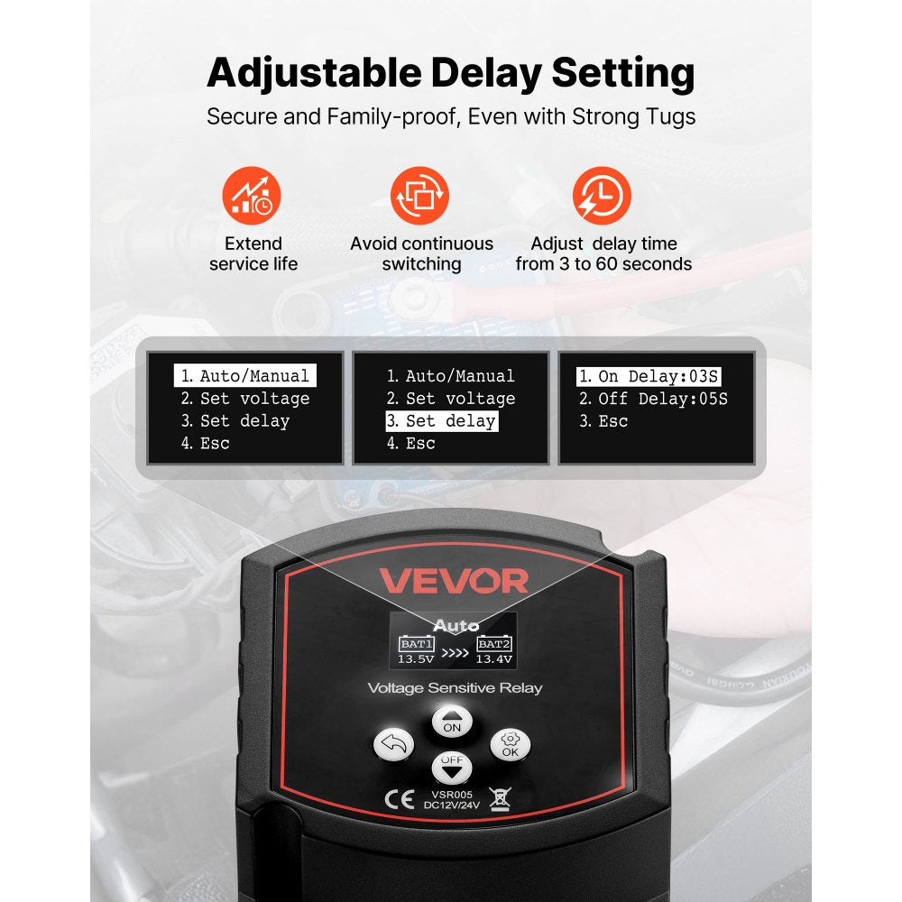 VEVOR Dual Battery Isolator, 12V 300 Amp, Manual and Automatic VSR Voltage Sensitive Relay with LCD Screen, Smart Battery Isolator for Lithium & Lead-Acid Batteries, for Car Truck RV UTV ATV Boat