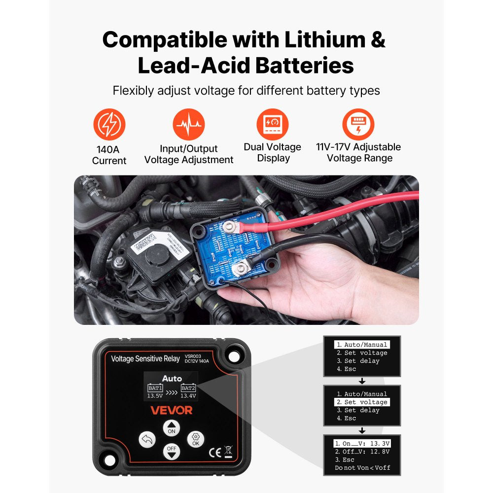VEVOR Dual Battery Isolator, 12V 140 Amp, Manual and Automatic VSR Voltage Sensitive Relay with LCD Screen, Smart Battery Isolator for Lithium & Lead-Acid Batteries, for Car Truck RV UTV ATV Boat