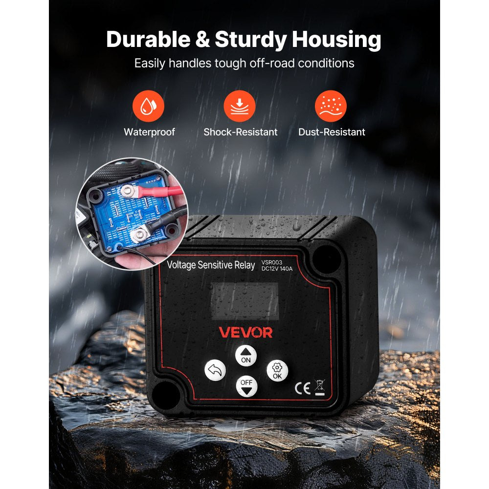 VEVOR Dual Battery Isolator, 12V 140 Amp, Manual and Automatic VSR Voltage Sensitive Relay with LCD Screen, Smart Battery Isolator for Lithium & Lead-Acid Batteries, for Car Truck RV UTV ATV Boat