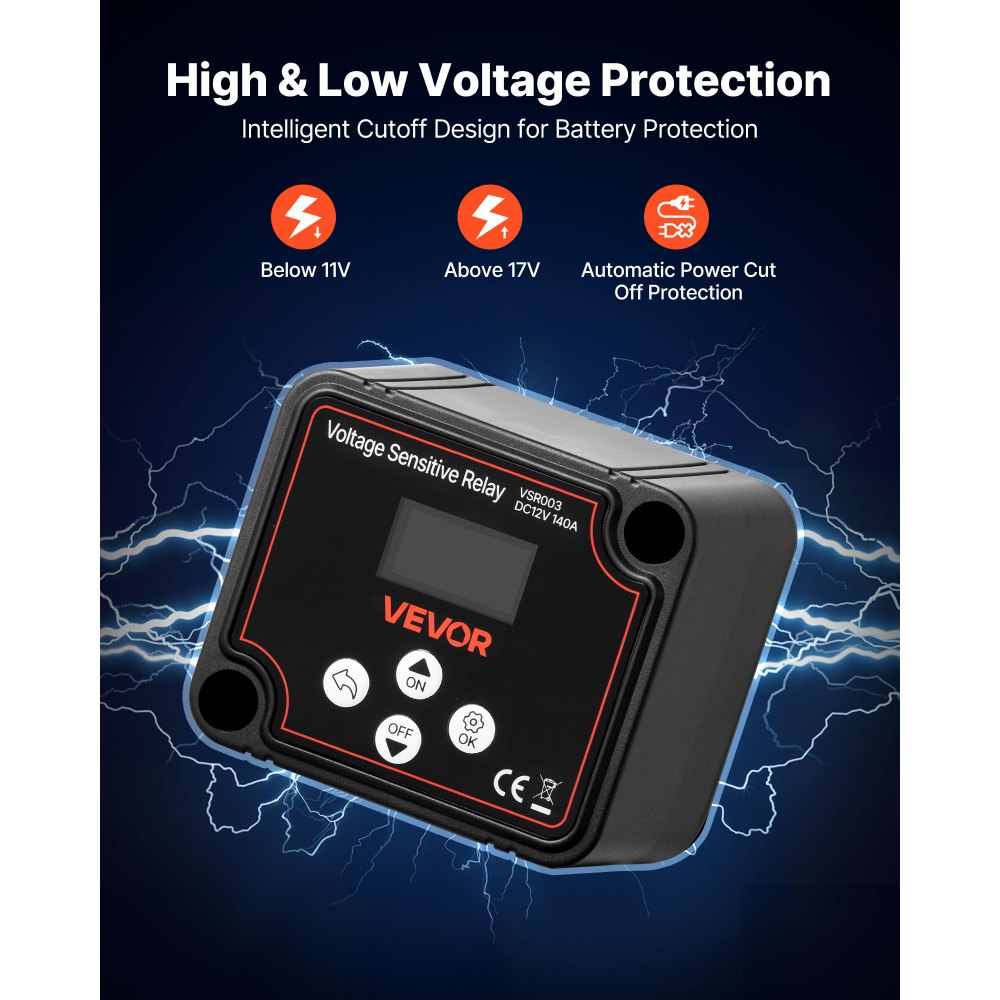VEVOR Dual Battery Isolator, 12V 140 Amp, Manual and Automatic VSR Voltage Sensitive Relay with LCD Screen, Smart Battery Isolator for Lithium & Lead-Acid Batteries, for Car Truck RV UTV ATV Boat