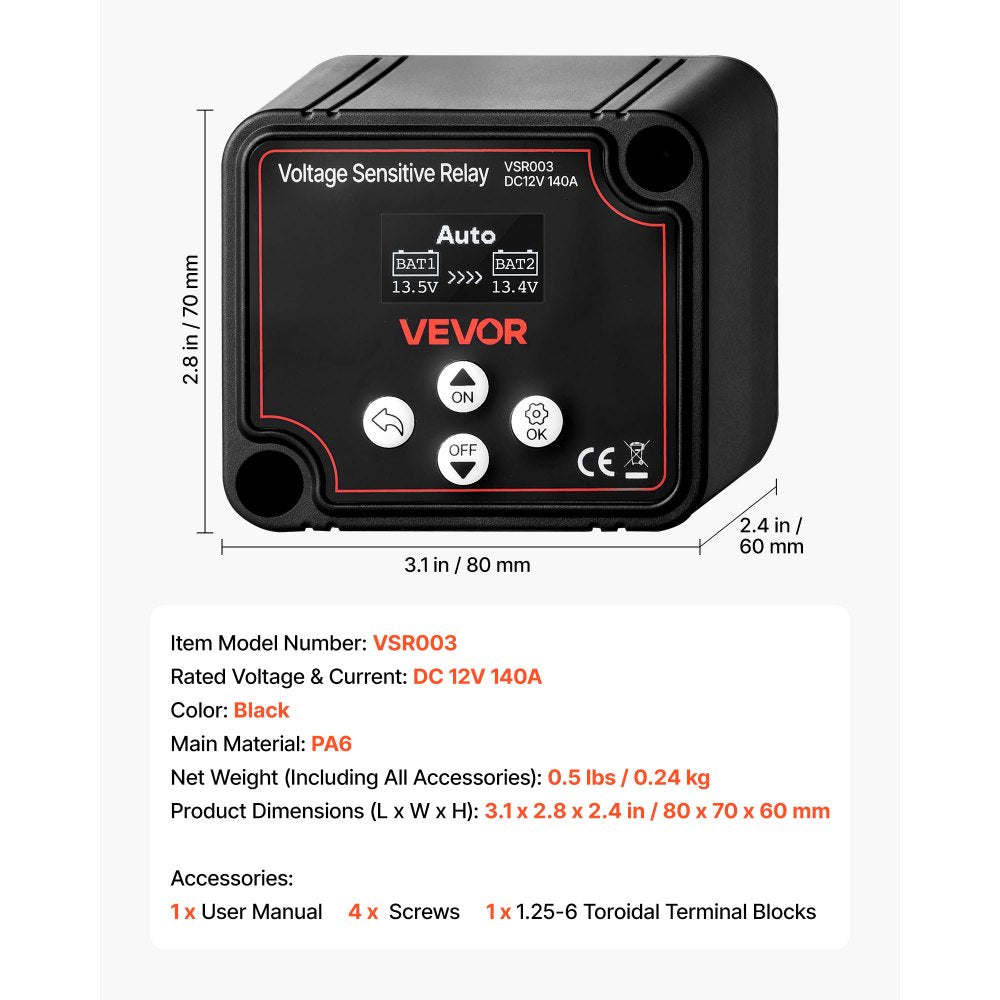 VEVOR Dual Battery Isolator, 12V 140 Amp, Manual and Automatic VSR Voltage Sensitive Relay with LCD Screen, Smart Battery Isolator for Lithium & Lead-Acid Batteries, for Car Truck RV UTV ATV Boat