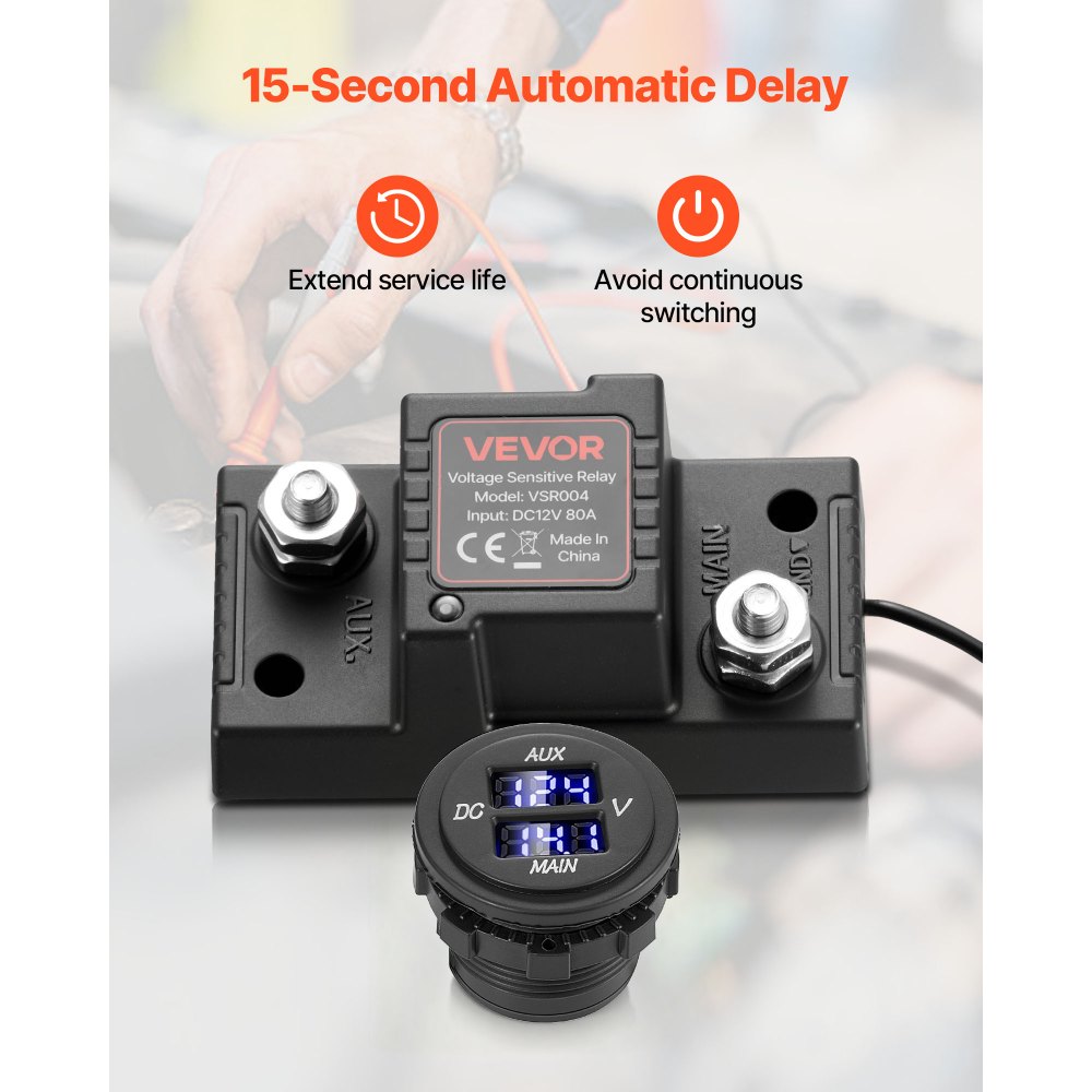 VEVOR Dual Battery Isolator Kit, 12V 80 Amp 2 ft 6 AWG, Manual / Automatic VSR Voltage Sensitive Relay with Voltmeter, LCD Screen, Smart Battery Isolator, Compatible with Lead-Acid Batteries, for UTV