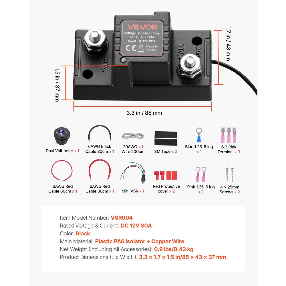 VEVOR Dual Battery Isolator Kit, 12V 80 Amp 2 ft 6 AWG, Manual / Automatic VSR Voltage Sensitive Relay with Voltmeter, LCD Screen, Smart Battery Isolator, Compatible with Lead-Acid Batteries, for UTV