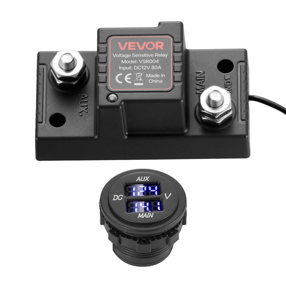 VEVOR Dual Battery Isolator Kit, 12V 80 Amp 2 ft 6 AWG, Manual / Automatic VSR Voltage Sensitive Relay with Voltmeter, LCD Screen, Smart Battery Isolator, Compatible with Lead-Acid Batteries, for UTV
