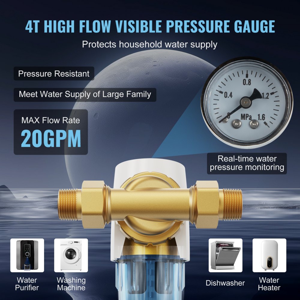 VEVOR Spin Down Filter, 40 Micron Whole House Sediment Filter for Well Water, 3/4" MNPT, 4 T/H High Flow Rate, for Whole House Water Filtration Systems, Well Water Sediment Filter