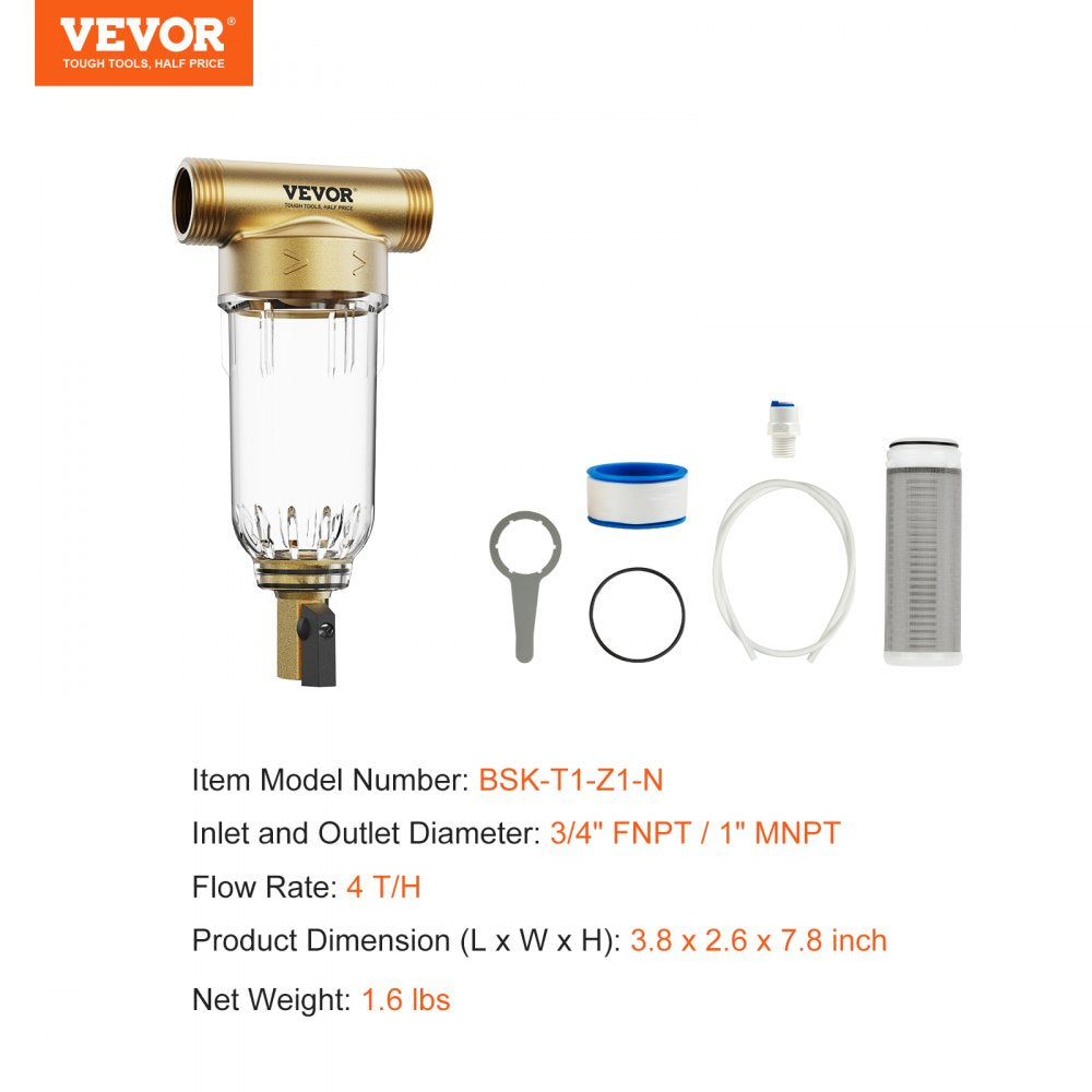 VEVOR Spin Down Filter, 40 Micron Whole House Sediment Filter for Well Water, 3/4" FNPT + 1" MNPT, 4 T/H High Flow Rate, for Whole House Water Filtration Systems, Well Water Sediment Filter