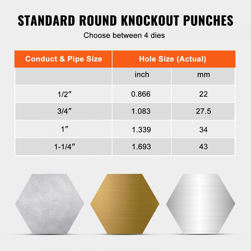 VEVOR Hydraulic Knockout Punch Kit, 4 Pieces 1/2", 3/4", 1", 1-1/4" Conduit Hole Cutter Set, Metal Sheet Driver Tools, KO Tool Kits For Aluminum, Brass, Stainless Steel, Fiberglass and Plastic