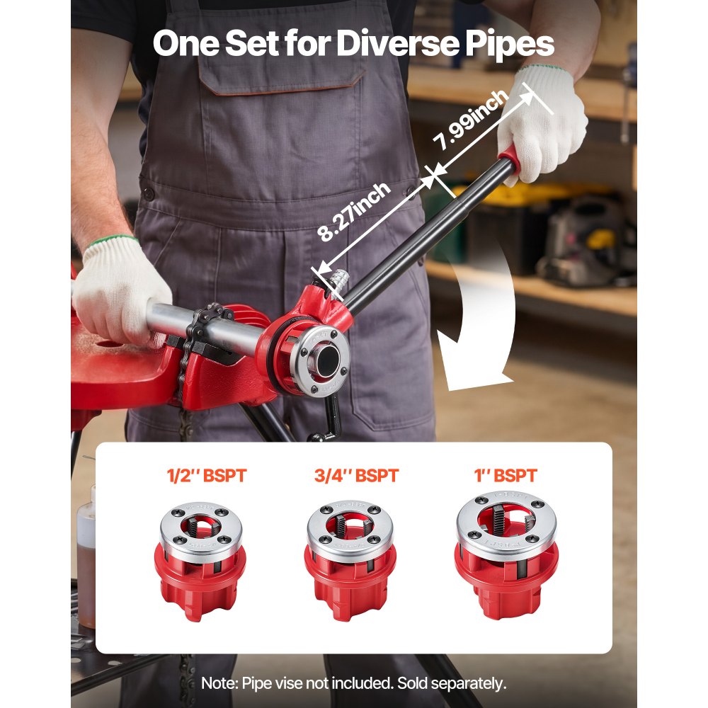 VEVOR Ratchet Pipe Threader Kit with 3 Dies, 1/2" BSPT, 3/4" BSPT, 1" BSPT Manual Ratcheting Pipe Threading Tool, Portable Pipes Threader Set with Toolbox for Plumbing Installation & Repair