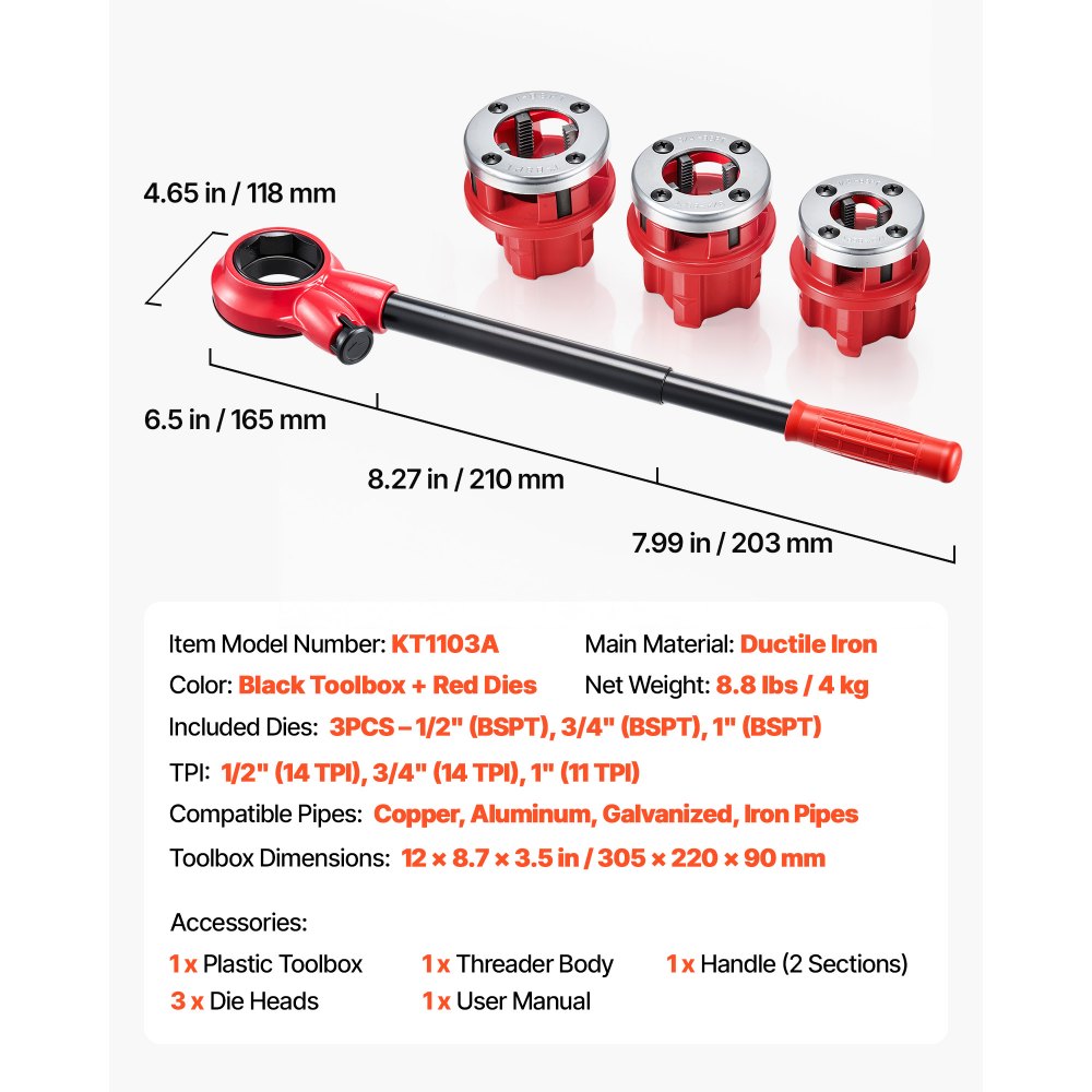 VEVOR Ratchet Pipe Threader Kit with 3 Dies, 1/2" BSPT, 3/4" BSPT, 1" BSPT Manual Ratcheting Pipe Threading Tool, Portable Pipes Threader Set with Toolbox for Plumbing Installation & Repair