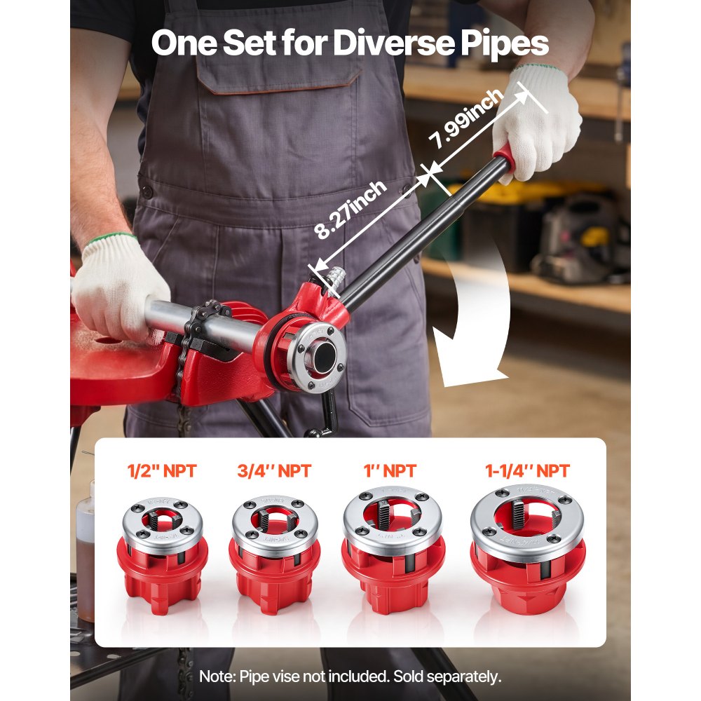 VEVOR Ratchet Pipe Threader Kit with 4 Dies, 1/2" NPT, 3/4" NPT, 1" NPT, 1-1/4" NPT Manual Ratcheting Pipe Threading Tool, Portable Pipes Threader Set with Toolbox for Plumbing Installation & Repair