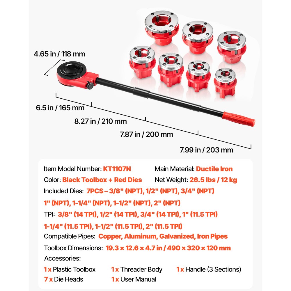 VEVOR Ratchet Pipe Threader Kit with 7 Dies, 3/8" NPT to 2" NPT Manual Ratcheting Pipe Threading Tool, Portable Pipes Threader Set with Toolbox for Plumbing Installation & Repair