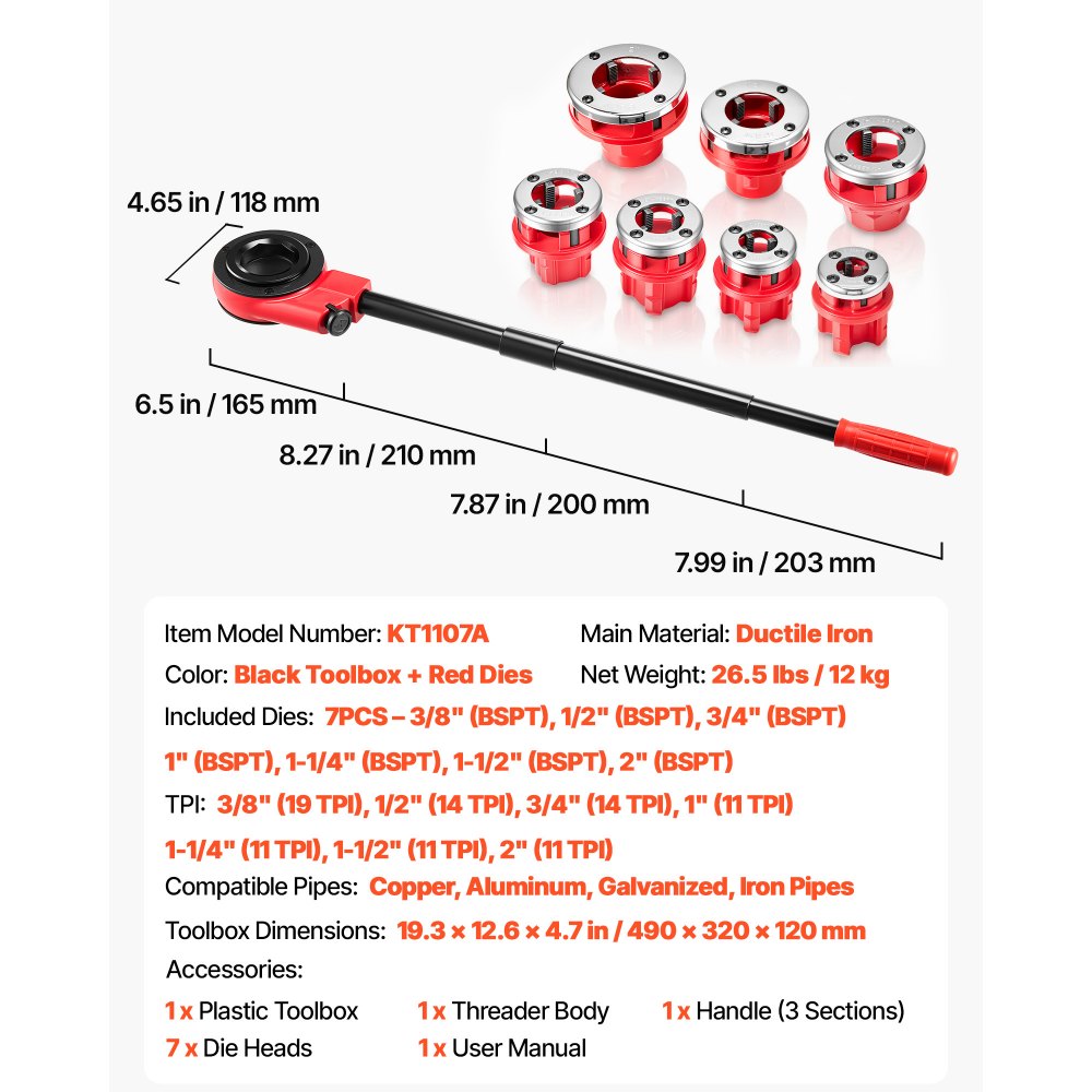 VEVOR Ratchet Pipe Threader Kit with 7 Dies, 3/8" BSPT to 2" BSPT Manual Ratcheting Pipe Threading Tool, Portable Pipes Threader Set with Toolbox for Plumbing Installation & Repair