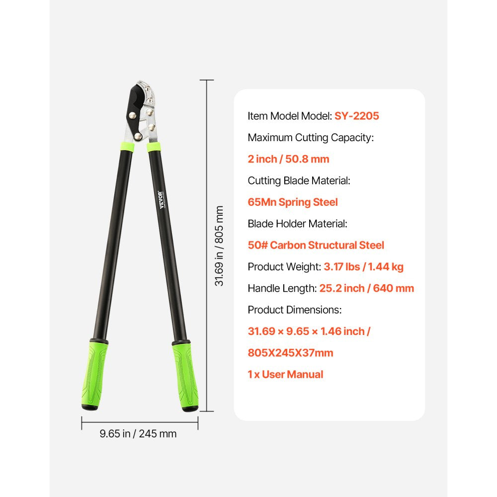 VEVOR Loppers for Tree Trimming, 32 inch Garden Anvil Trimmer with Compound Action, Sharp Steel Blade, Heavy Duty Tree Branch Cutter Up to 2 inch Dia Cut Capacity, Ergonomically Designed Handles