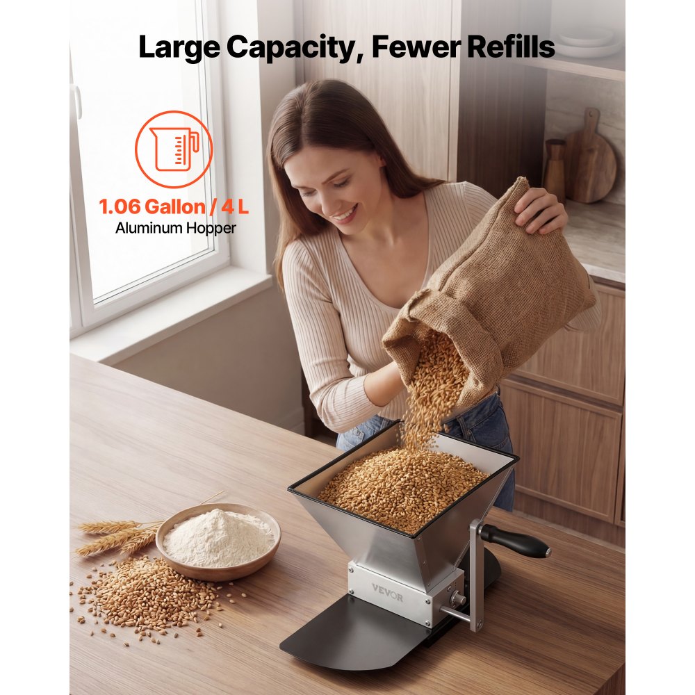 VEVOR Manual Grain Mill, Homebrew Malt Grinder, Adjustable Barley Mill Crusher for Wheat Beer Brewing - with 2 Stainless Steel Rollers, 1.06 Gallon Hopper & Metal Base Plate
