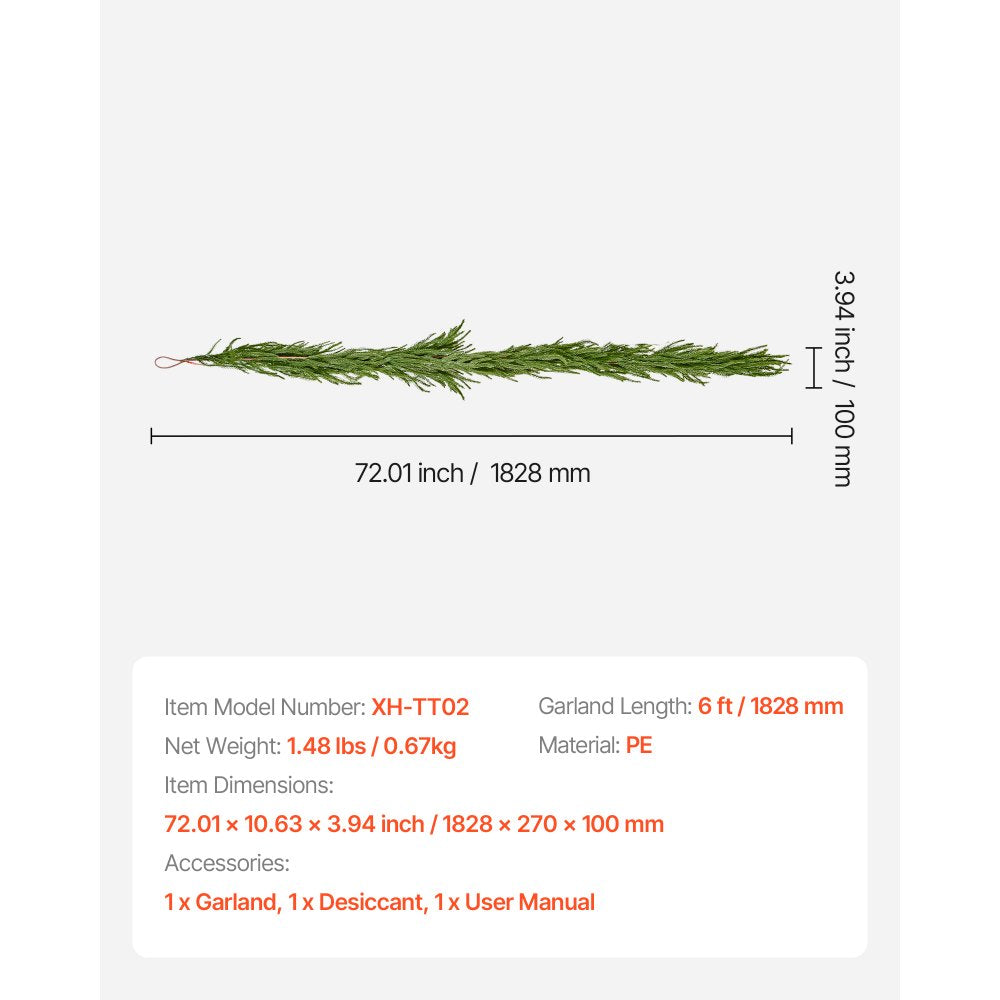 VEVOR Christmas Garland, 6-FT Realistic Norfolk Pine Garland, Evergreen Real Touch Artificial Faux Greenery Garlands, for Holiday Indoor Outdoor Xmas Decoration on Table, Mantel, and Fireplace