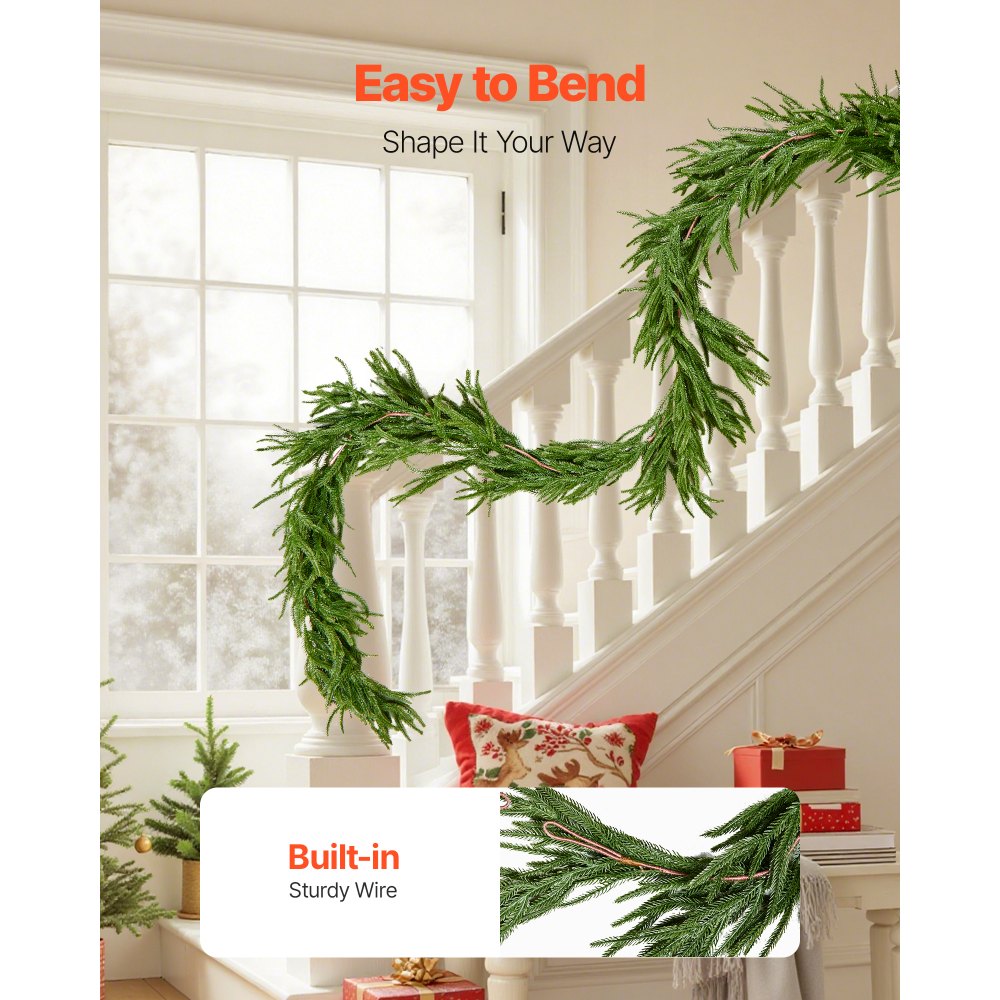 VEVOR Christmas Garland, 9-FT Realistic Norfolk Pine Garland, Evergreen Real Touch Artificial Faux Greenery Garlands, for Holiday Indoor Outdoor Xmas Decoration on Table, Mantel, and Fireplace