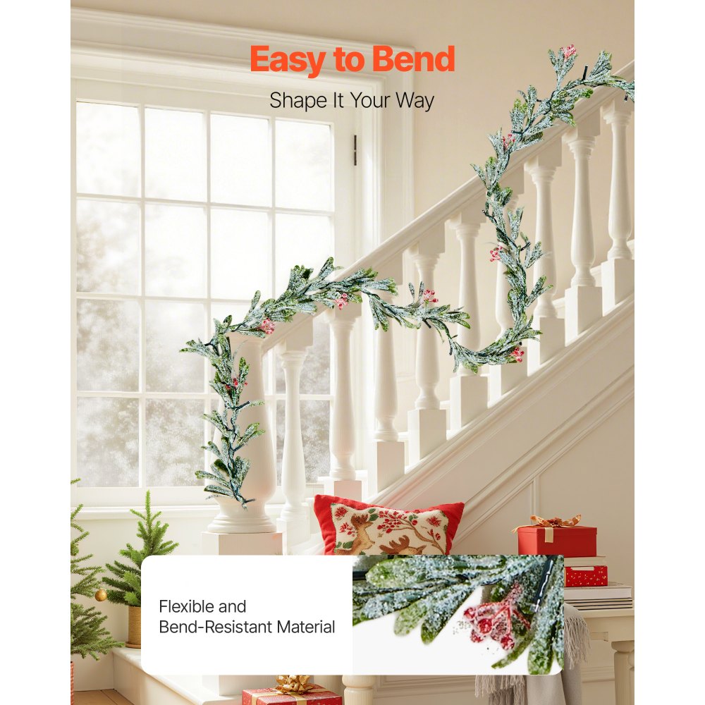 VEVOR Christmas Garland, 6.6-FT Realistic Greenery Decorated with Vines, Olive Leaves, and Berries, Evergreen Faux Garlands with Light String for Indoor Outdoor Xmas Decoration on Mantel Fireplace