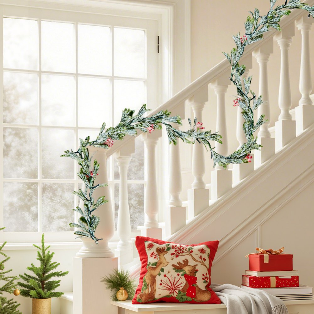 VEVOR Christmas Garland, 6.6-FT Realistic Greenery Decorated with Vines, Olive Leaves, and Berries, Evergreen Faux Garlands with Light String for Indoor Outdoor Xmas Decoration on Mantel Fireplace