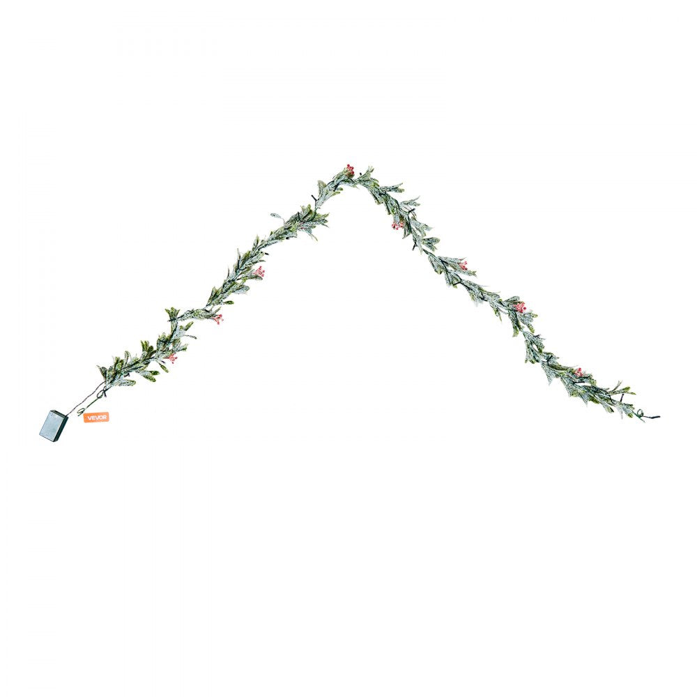 VEVOR Christmas Garland, 6.6-FT Realistic Greenery Decorated with Vines, Olive Leaves, and Berries, Evergreen Faux Garlands with Light String for Indoor Outdoor Xmas Decoration on Mantel Fireplace
