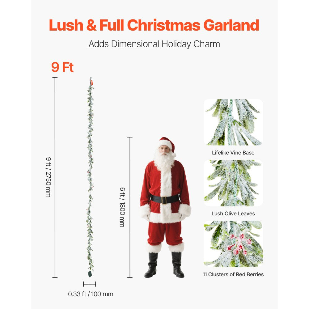 VEVOR Christmas Garland, 9-FT Realistic Greenery Decorated with Vines, Olive Leaves, and Berries, Evergreen Faux Garlands with Light String for Indoor Outdoor Xmas Decoration on Mantel Fireplace