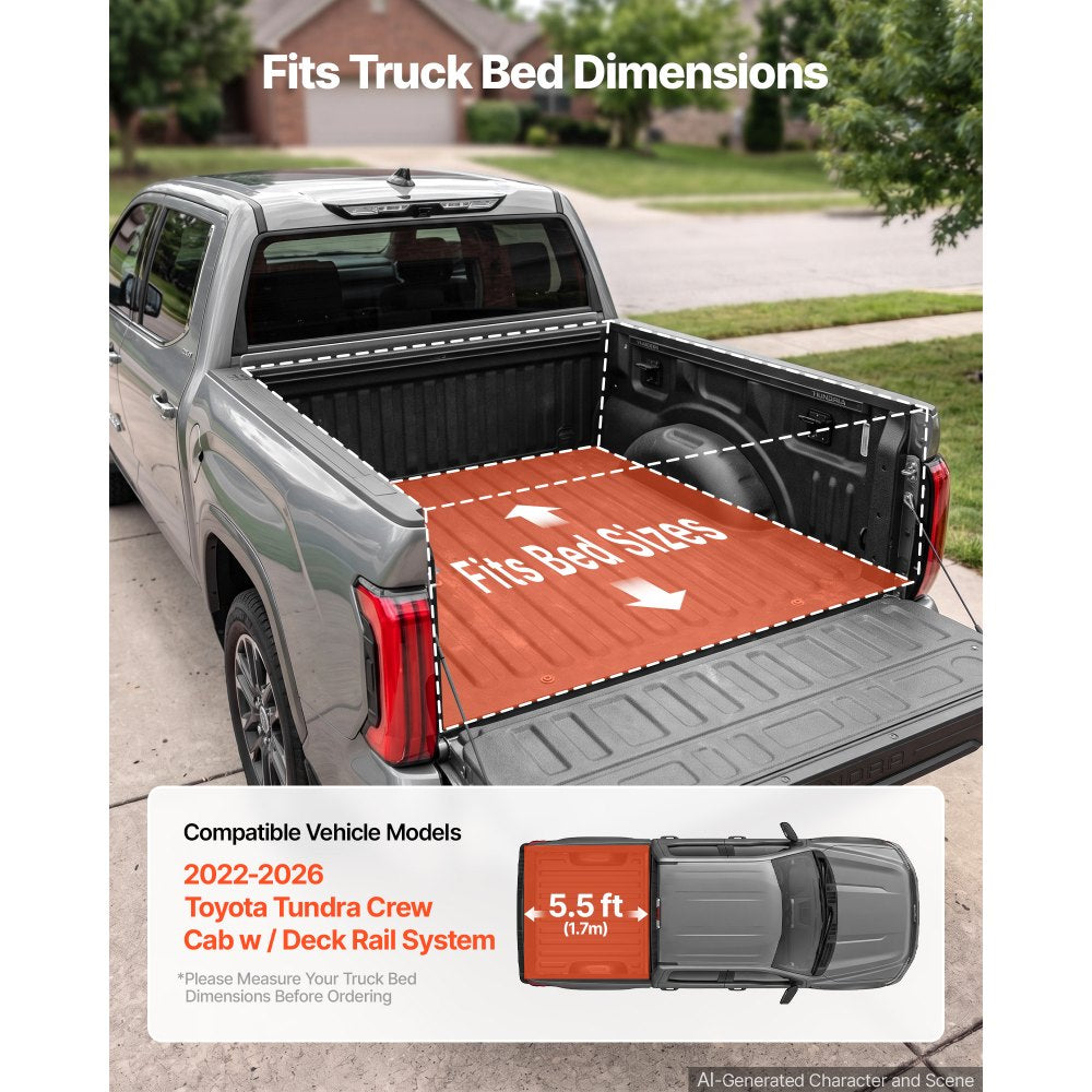VEVOR Retractable Tonneau Cover 5.5FT Hard Truck Bed Cover Manual Retract, Compatible with 2022-2026 Toyota Tundra Crew Cab with Deck Rail System 5.5FT Bed (66.7"), Waterproof Aluminum, Lock for Trips