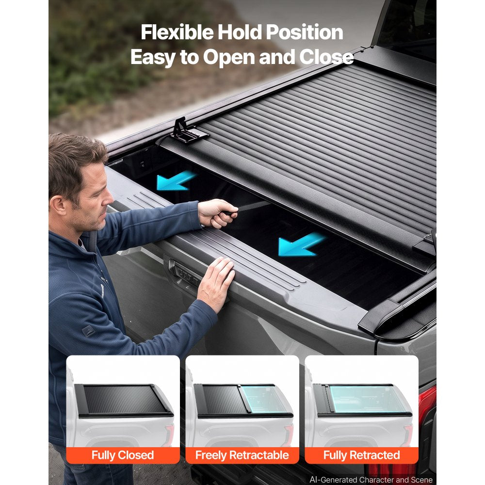 VEVOR Retractable Tonneau Cover 5.5FT Hard Truck Bed Cover Manual Retract, Compatible with 2022-2026 Toyota Tundra Crew Cab with Deck Rail System 5.5FT Bed (66.7"), Waterproof Aluminum, Lock for Trips
