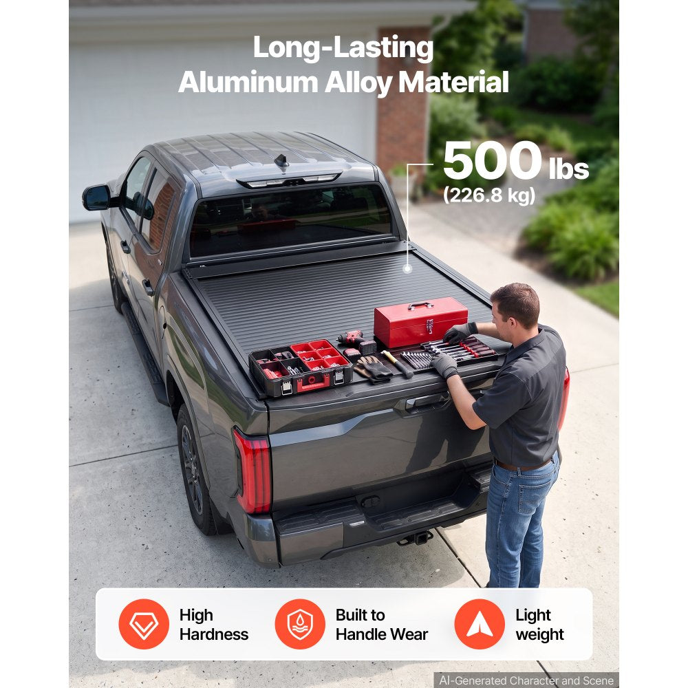 VEVOR Retractable Tonneau Cover 5.5FT Hard Truck Bed Cover Manual Retract, Compatible with 2022-2026 Toyota Tundra Crew Cab with Deck Rail System 5.5FT Bed (66.7"), Waterproof Aluminum, Lock for Trips