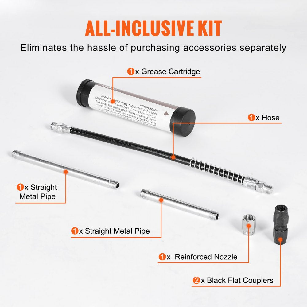 VEVOR Pistol Grip Grease Gun, 3500 PSI, 4 OZ / 120 CC Capacity Heavy Duty Professional Grease Gun, with 11.65 Inch Flexible Hose 2 Black Flat Couplers, 1 Reinforced Nozzle, and 2 Rigid Metal Pipes